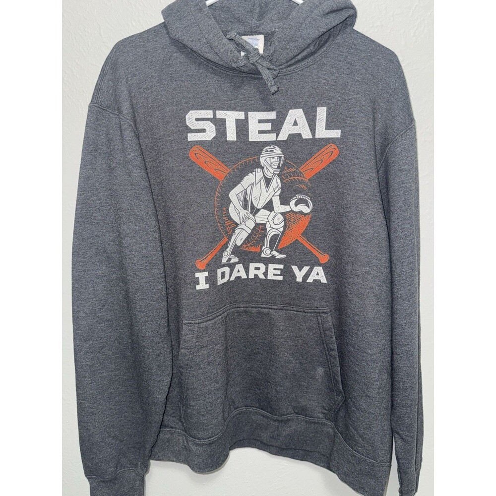 Catcher Hoodie Gray Adult L “Steal I Dare Ya” Graphic Softball/Baseball